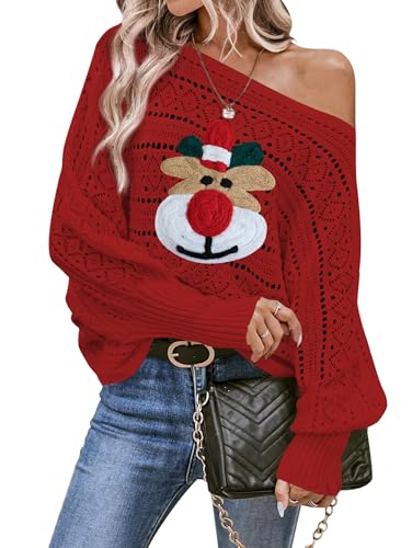 Image of Cakulo Womens Off Shoulder Sweater Top Fall Outfits Fashion 2025 Oversized Knit Batwing Long Sleeve Crochet Pullover Sweaters