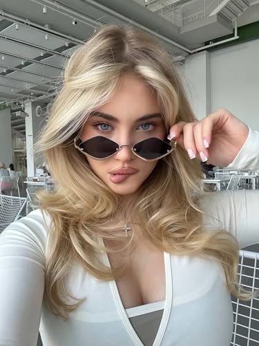 TYA Retro Y2k Sunglasses for Women Men,Trendy Semi-Rimless Sun Glasses Irregular Narrow Gold Sunnies UV4003