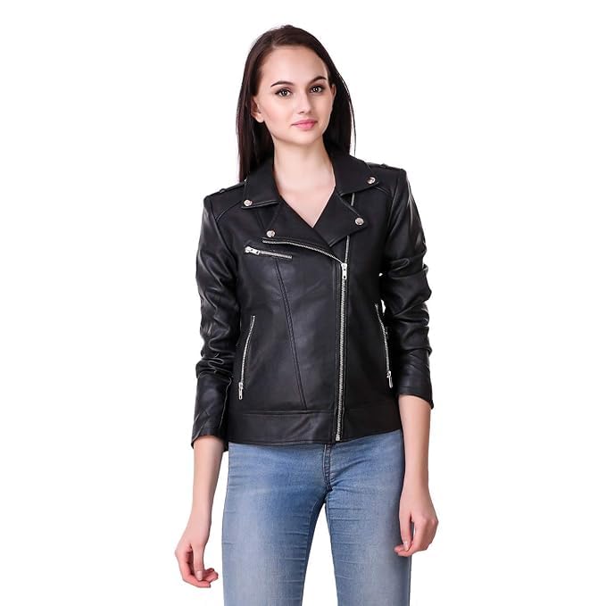 Women's Black Faux Leather Biker Jacket, Moto Style-picture-40