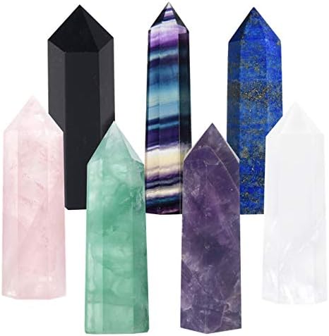 Luckeeper 7 PCS Healing Crystal Wands | 2" Amethyst, Rose Quartz,Clear Quartz,Black Obsidian,Green Fluorite, Lapis Lazuli,Rainbow Fluorite| 6 Faceted Reiki Chakra Meditation Therapy