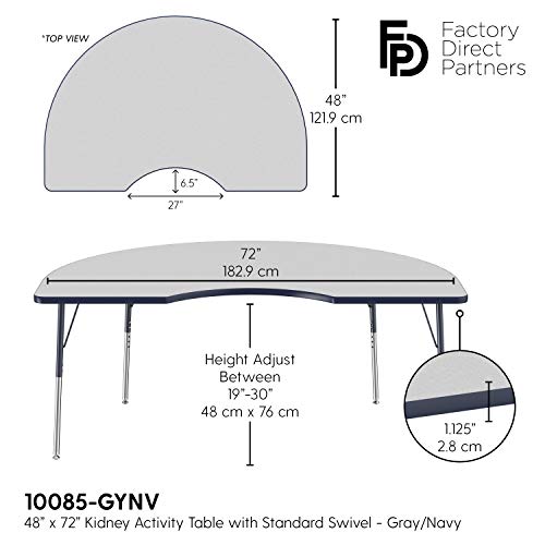 Image of Factory Direct Partners 10085-GYNV Kidney Activity School and Office Table (48 inch x 72 inch), Standard Legs with Swivel Glides, Adjustable Height 19-30 inch - Gray Top and Navy Edge
