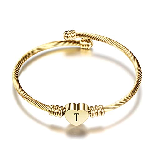 DSJTCH Pulsera Corazón Muchachas de la Manera del Color Oro Brazalete de Acero Inoxidable con la Letra del Alfabeto de la Manera Encanta Inicial Pulseras for Las Mujeres (Metal Color : SZ1141 T)