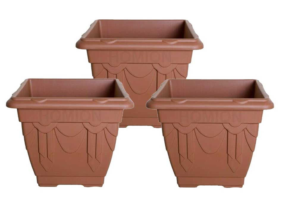 HOMION 30 cm Square Flower Pots Venetian Plastic Garden planter pot container (Terracotta) (3x)