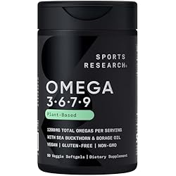 Sports Research® Vegan Omega 3-6-7-9 - 1200 mg of Multi-Spectrum Omega Fatty Acids Certified Non-GMO Formula with Sea Buckthorn & Borage Oil - 90 Veggie Softgels