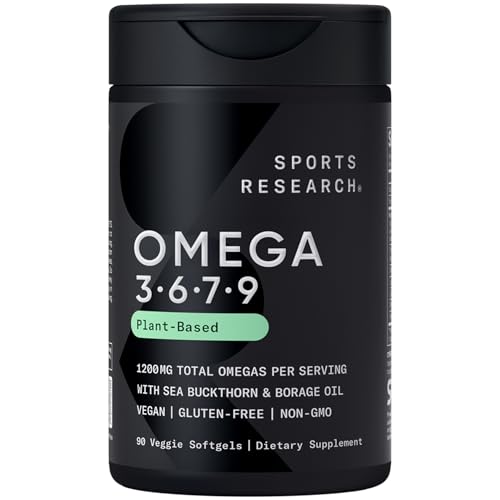 Sports Research® Vegan Omega 3-6-7-9 - 1200 mg of Multi-Spectrum Omega Fatty Acids Certified Non-GMO Formula with Sea Buckthorn & Borage Oil - 90 Veggie Softgels