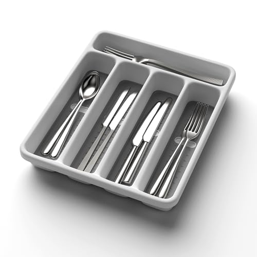 WEBACOO - 5-Slot Utensil Drawer Organizer for Silverware & Cutlery | Large Plastic Utensil Holder with Non-Slip Design, Silverware Drawer Organizer, BPA-Free (White)