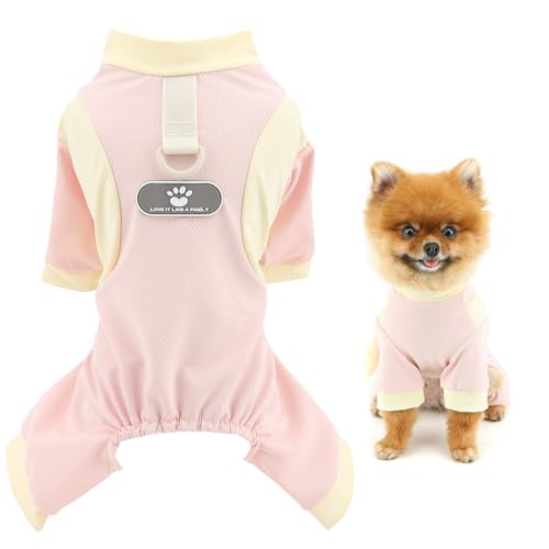 SMALLLEE_LUCKY_STORE 犬 服 春夏 犬用 パジャマ カバーオール 超小型犬 小型犬 冷却メッシュ付きカラーブロックDリング付き 耐UV つなぎ ペット ドッグウエア 洋服 おしゃれ 柔らかい 部屋着 寝間着 犬用服 子犬 チワワ 服 お