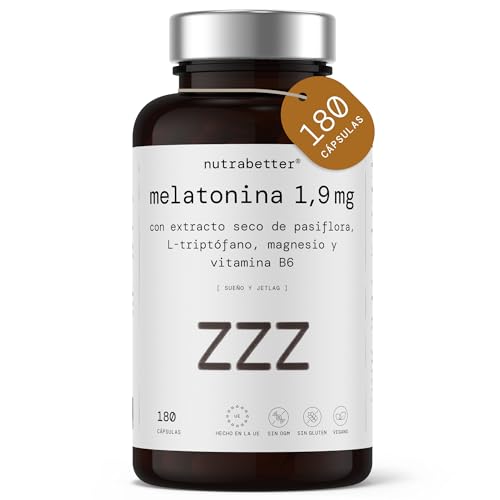Melatonina 1,9 mg pura con Magnesio, L-Triptófano, Pasiflora y Vitamina B6 | 180 cápsulas veganas | Sueño Reparador, Energía y Relajación | Alta Biodisponibilidad