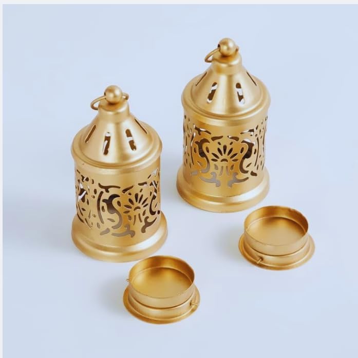 Image of Hanging Metal Candle & Tealight Holder Lantern Set with LED Candle - Decorative Golden Vintage Lanterns for Home Decor, Living Room,Balcony, Garden & Festival Gifting (Set of 1)