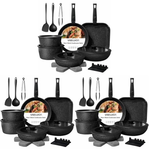 Image of 19 Pcs Pots and Pans Set Non Stick, Stackable Cookware Sets with Detachable Handle, Granite Induction RV Kitchen Portable Cooking Set Removable Handles, Dishwasher & Oven Safe, Black (Pack of 3)