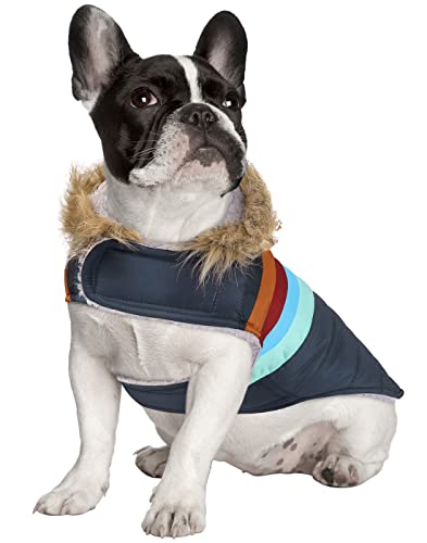 Hde Dog Puffer Jacket Fleece Lined Warm Dog Parka Winter Coat With Harness Hole Navy Retro Stripe - M #TOP1