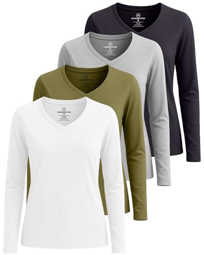 Real Essentials 4 Pack: Women's V-Neck Cotton Long-Sleeve T-Shirt (Available in Plus Size)