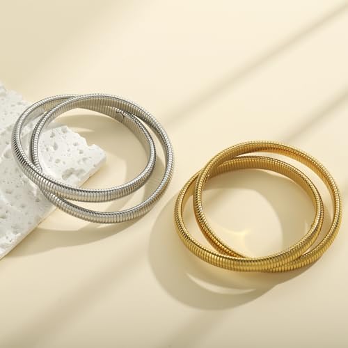 Gold Bangle Bracelets for Women Chunky Stretch Bracelets for Women 18K Gold Plated Stainless Steel Link Chain Bracelets Wide Gold Wristband Plus Size Bracelets Jewelry Gifts for Women4