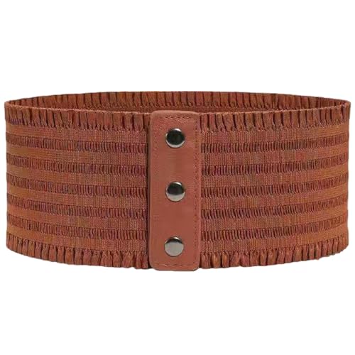 Women's Wide Elastic Belt Vintage Cinch Waistband Snap Button Corset Waist Band for Dress - Brown