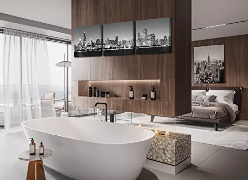 Chicago Skyline Canvas Wall Art - Black And White Night Buildings Cityscape Canvas Print Modern Bedroom Office Wall Decor 3 Pieces City Pictures Decoration Artwork Stretched And Framed Ready To Hang #TOP6