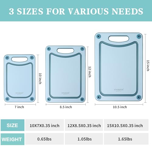 Finorder Set of 3 Sizes Cutting Boards with Easy Grip Handle and Juice Grooves, Chopping Board Non-Slip Reversible BPA-Free Dishwasher Safe for Veggies Chopping Meat, Sky Blue - Image 4