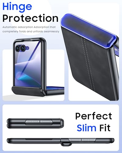 Image of Magnetic for Motorola Razr+ Plus 2026 Case /Razr+ Plus 2025 Case with Hinge Protection & Built-in Outer Screen Protector, Fit for Magsafe, Leather Matte Case for Razr+ 2026 /2025-Black Gray