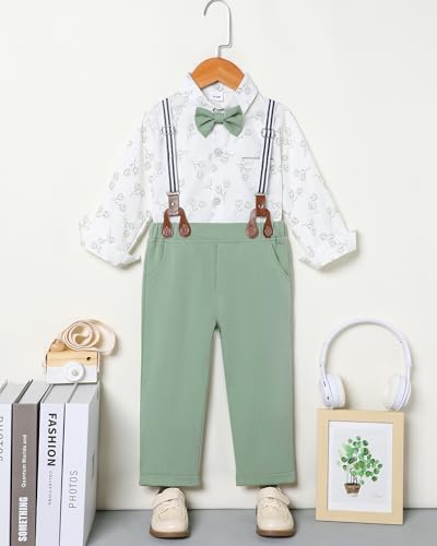 Image of ZOEREA Toddler Boy Suit Formal Wedding Outfits Gentleman Clothes Long Sleeve Shirt + Suspender Pants + Bowtie