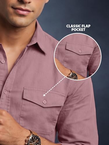 Image of Veirdo Men's Pure Cotton Utility Shirt | Full Sleeve Casual Button-Down with Dual Chest Pockets | Stylish & Comfortable Everyday Wear | Colors: Beige, Black, Maroon, Olive, Rust & White