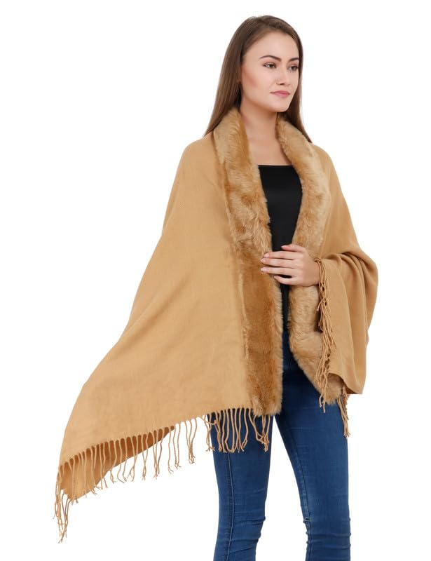Image of Manra Women's Solid Faux Fur Border Stole Shawl Warm Wrap Cape for Winters (SC 14)