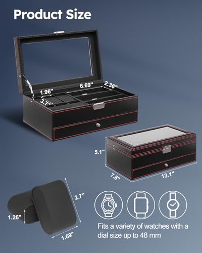 Jenseits Watch Box for Mens Jewelry Box, 6 Slot Watch Case & 3 Slot Sunglasses Organizer, Lockable PU Leather Jewelry Organizer Watch Display Storage W/Drawer For Rings Bracelets, Gift for Men Women4
