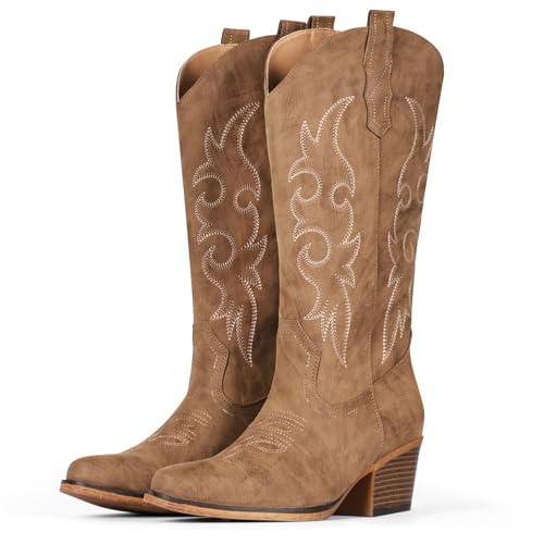 IUV Cowboy Boots For Women Western Cowgirl Boots Mid Calf Snip Toe Boot With Chunky Heel
