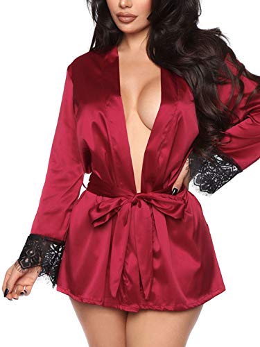 Women's Sexy Lace-Trim Robe Long Sleeve Satin Kimono Sleepwear Bridesmaid Wedding Party Nightwear - Image 3