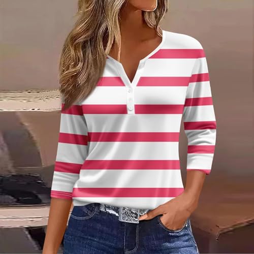 Camisetas femininas de verão para férias 2024 manga 3/4 comprimento botão Henry Neck camisetas listr