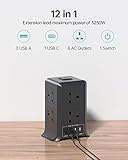 Tower Extension Lead with USB Slots, 3 USB-A(5V/2.4A) & 1 Type-C Port(5V/3A) and 8 Outlets Surge Protector Extension Lead with Switches, 2M Extension Cord - Image 3