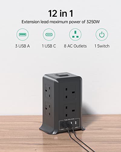 Tower Extension Lead with USB Slots, 8 Way Multi Plug Extension Tower & 4 USB Ports,Surge Protected Extension Lead with Switch, 2M Extension Cable,Tower Extension Cord for Home, Office Black Tower Extension Lead with USB Slots, 8 Way Multi Plug Extension Tower & 4 USB Ports,Surge Protected Extension Lead with Switch, 2M Extension Cable,Tower Extension Cord for Home, Office Black