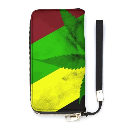Jamaica Flag Leaves Ladies' Leather Wallet With Hand Strap Slim Vertical Purse Wallets Card Case Long Zip Around Long Wallet Credit Cards Holder Phone Clutch