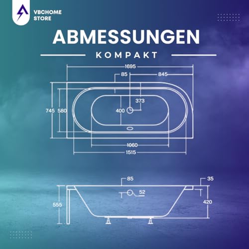 VBChome Badewanne 170x75 cm Acryl SET Schürze Siphon Wanne Eckbadewanne Antirutsch Weiß Design Modern Ablaufgarnitur Viega Simplex für 2 Personen (170x75 rechts)