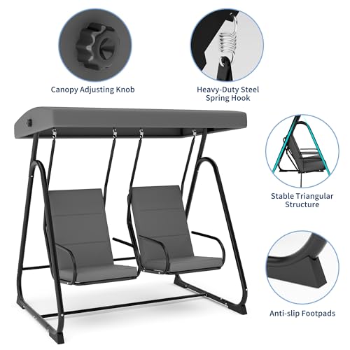Image of GarveeLife 2 Person Porch Swing Chair, Heavy Duty Outdoor Patio Swing Glider with Adjustable Canopy & Removable Cushions, Independent Swing Chairs for Garden, Balcony, Poolside, Backyard, Dark Grey
