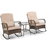 Bonnlo Balkonmöbel Set 3-teilig, 1 Schaukelstuhl+1 Sessel+1 Beistelltisch, Gartenmöbel aus PE-Geflecht in Verlauf, mit Sitzkissen in Beige, für Balkon/Terrasse/Garten, Hellbraun