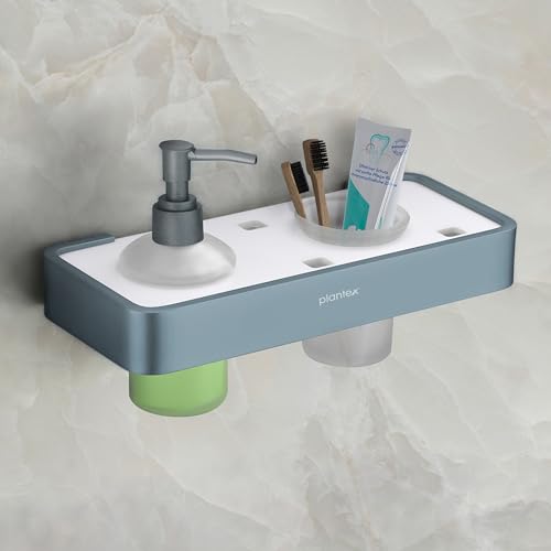Image of Plantex Aluminium and Acrylic 2 in 1 Shampoo Dispenser with Toothpaste Holder /Liquid Soap Dispenser with Tumbler Holder /Bathroom Accessories - (Grey and Milky White)