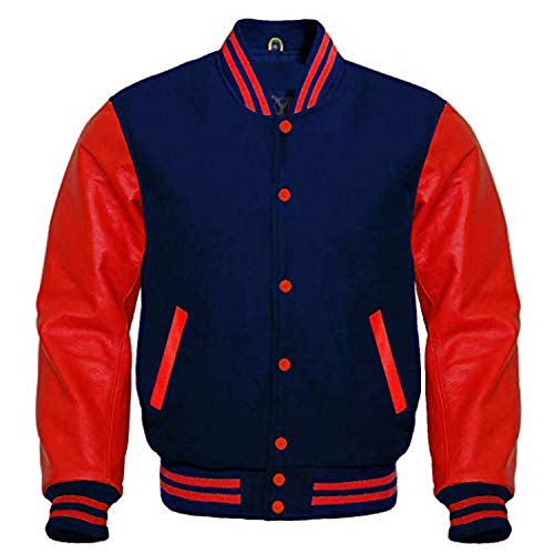 Premium Letterman Baseball School College Bomber Varsity Jacket Wool Blend & Genuine Leather Sleeves (Navy Blue/Red, 4XL)