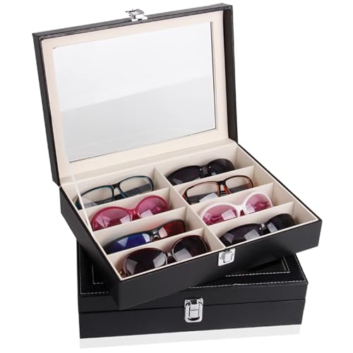 8PC Glasses Case Leather Eyewear Organizer Storage Box with Lock