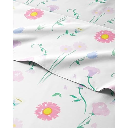 Kids Full Size Bed Sheet Set - 4 Piece Kids Loft Bed Sheets - Floral Flower Themed Bedding - Soft, Cute - Breathable and Machine Washable - Pretty Pink Flower Bed Set for Boys, Girls, Teens