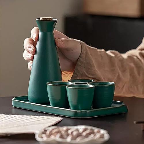 Juego de sake japonés REVLIE de cerámica verde con 4 tazas y bandeja retro 4