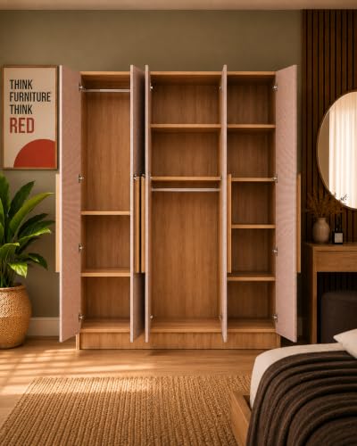 Image of Bniture 5 Door Wardrobe for Bedroom with Lockable Door & Hanging Space | Almirah for Clothes with Rattan Laminate Finish | Wardrobe for Storage | 3 Years Warranty (Giant Wood)