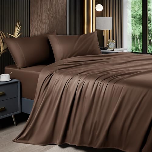 Image of Shilucheng 4 Piece King Sheet Sets, Cooling Sheets, Blend Rayon Derived from Bamboo, Deep Pocket Up to 16 inch, Breathable & Soft Bed Sheets, Hotel Silky Bedding Set, Brown