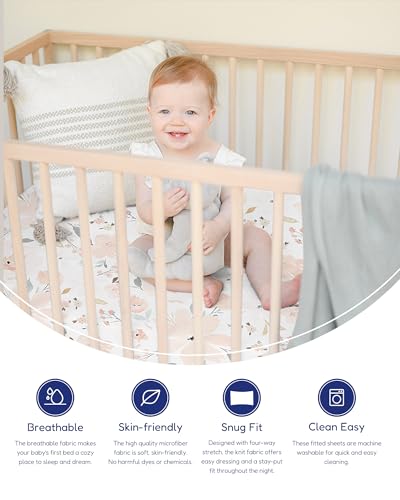 Image of TotAha Floral Crib Sheets 2-Pack, Hypoallergenic, Silky Comfort, Buttery Soft, Calming Effect, All-Season Jersey-Knit Pink Flower Baby Sheets, Premium Stretchy 9'' Extra Deep Pocket