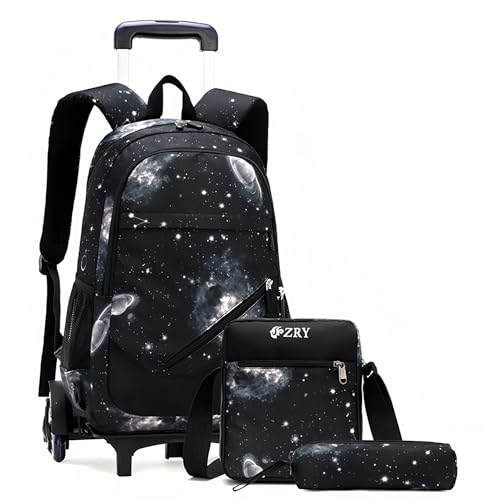 3Pcs Black Galaxy Rolling Backpacks for Boys Middle School Bags Trolley Elementary Bookbags on 6 Wheels