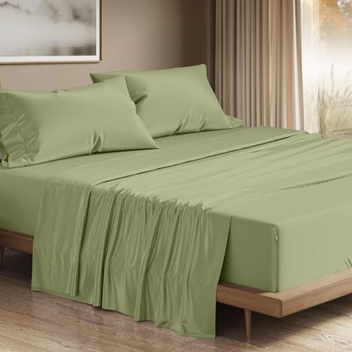 Image of THREAD SPREAD 100% Egyptian Cotton Queen Sheets Set - 1200 Series Plush Collection Luxury Egyptian Cotton Sheets Queen Size Deep Pocket (4 PC, Sage Green), Soft, Cooling, Sateen Weave Sheet Set
