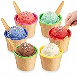 JoyServe Ice Cream Bowls and Spoons Set - (Pack of 6) Reusable Plastic Ice Cream Cups and Waffle Cone Shaped Spoons for Dessert, Frozen Yogurt, Gelato, Birthday Party Decorations
