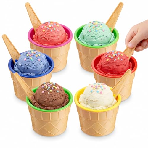 JoyServe Ice Cream Bowls and Spoons Set - (Pack of 6) Reusable Plastic Ice Cream Cups and Waffle Cone Shaped Spoons for Dessert, Frozen Yogurt, Gelato, Birthday Party Decorations