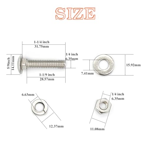 Image of 15 Sets 1 /4 inch-20 x1-1 /4 Carriage Bolts Round Head Square Neck Screws with Hex Nuts Flat Washers Spring Lock Washers 304 Stainless Steel Full Thread Coverage Square Neck Bolts Assortment Kit