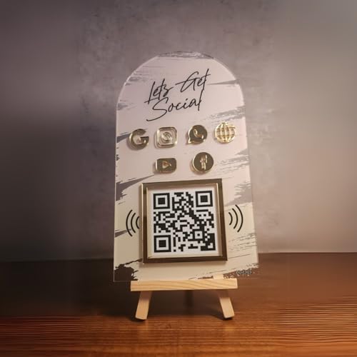 Image of Combo Standee 5-in-1 | NFC & QR Enabled | Connect Review, Instagram, Facebook, YouTube, WhatsApp & More | Share Bio Link Instantly | 5x8 Inch Golden Premium With Wooden Stand