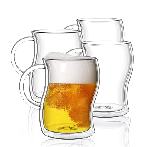BTaT Double Walled Glass Beer Mugs, 4 Pack, 16 oz(500 ml), Freezer Safe, Stein Style