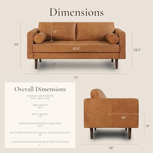 Image of POLY & BARK Napa 72 inch Leather Sofa - Full-Grain Italian-Tanned Aniline Leather, Feather-Down Comfort, Solid Wood Frame, Walnut Legs, Cognac Tan